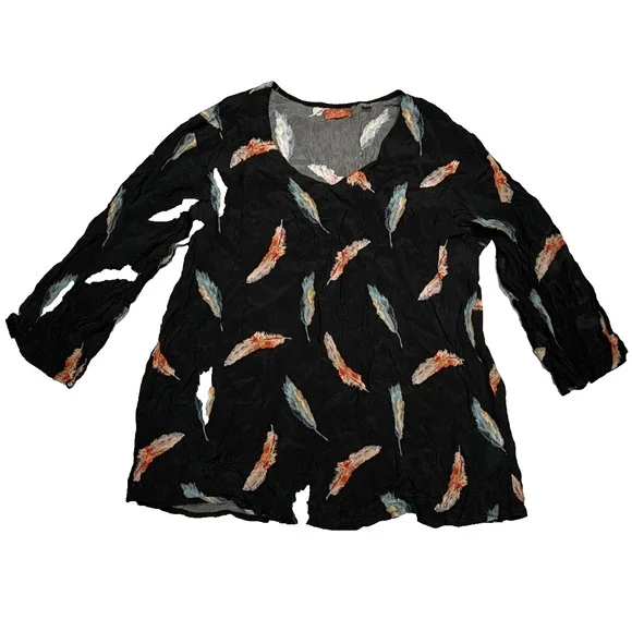 Scully Womens Black Rayon Feather V-Neck XL Blouse A004463 - Picture 2 of 6